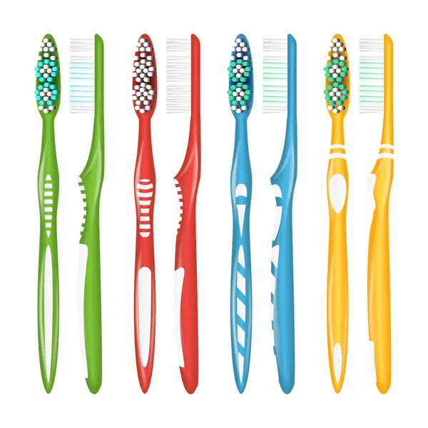 Set de cepillos dentales Vector. Cepillos de dientes de plástico realistas. Colores diferentes. Vista superior. Ilustración aislada — Vector de stock