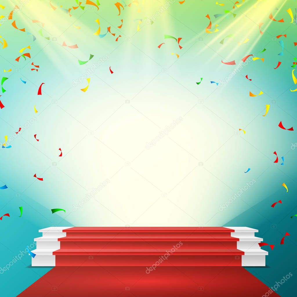 White Winner Podium Vector. Red Carpet, Falling Confetti Explosion. Stage For Awards Ceremony. Pedestal. Spotlight. Award Illustration