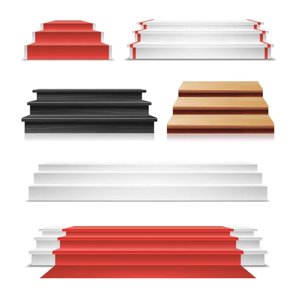 Sieger Podestplatz Vektor. Roter Teppich. Holztreppe. Sockel leer, Vorlage, Attrappe. isoliert auf weißem Hintergrund Illustration. — Stockvektor
