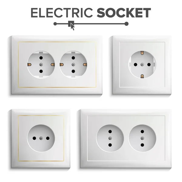 Socket Isolated Set Vector. White Double Grounded Power Switch. Plastic Panel. Electrical Outlet. Realistic Illustration — Stock Vector