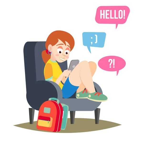 Teen Girl Vector. Teen Girl Texting With Cell Phone. Smart Phone Chatting Addiction. Cartoon Character Illustration — Stock Vector