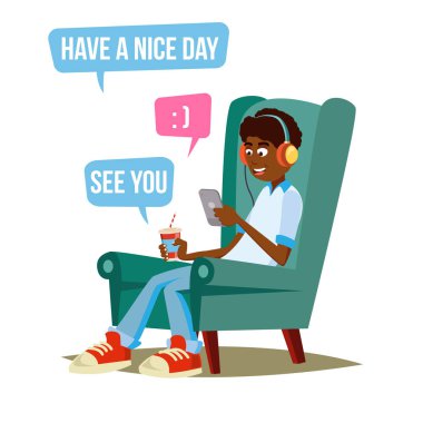 Genç çocuk vektör. Gülümseyen genç delikanlı. Messenger sohbet gençler. Düz çizgi film illüstrasyon