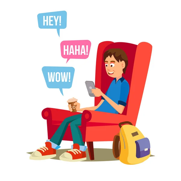 Teen Boy Vector. Happy Boy Communicate On Internet. Using Smartphone. Isolated On White Cartoon Character Illustration — Stock Vector