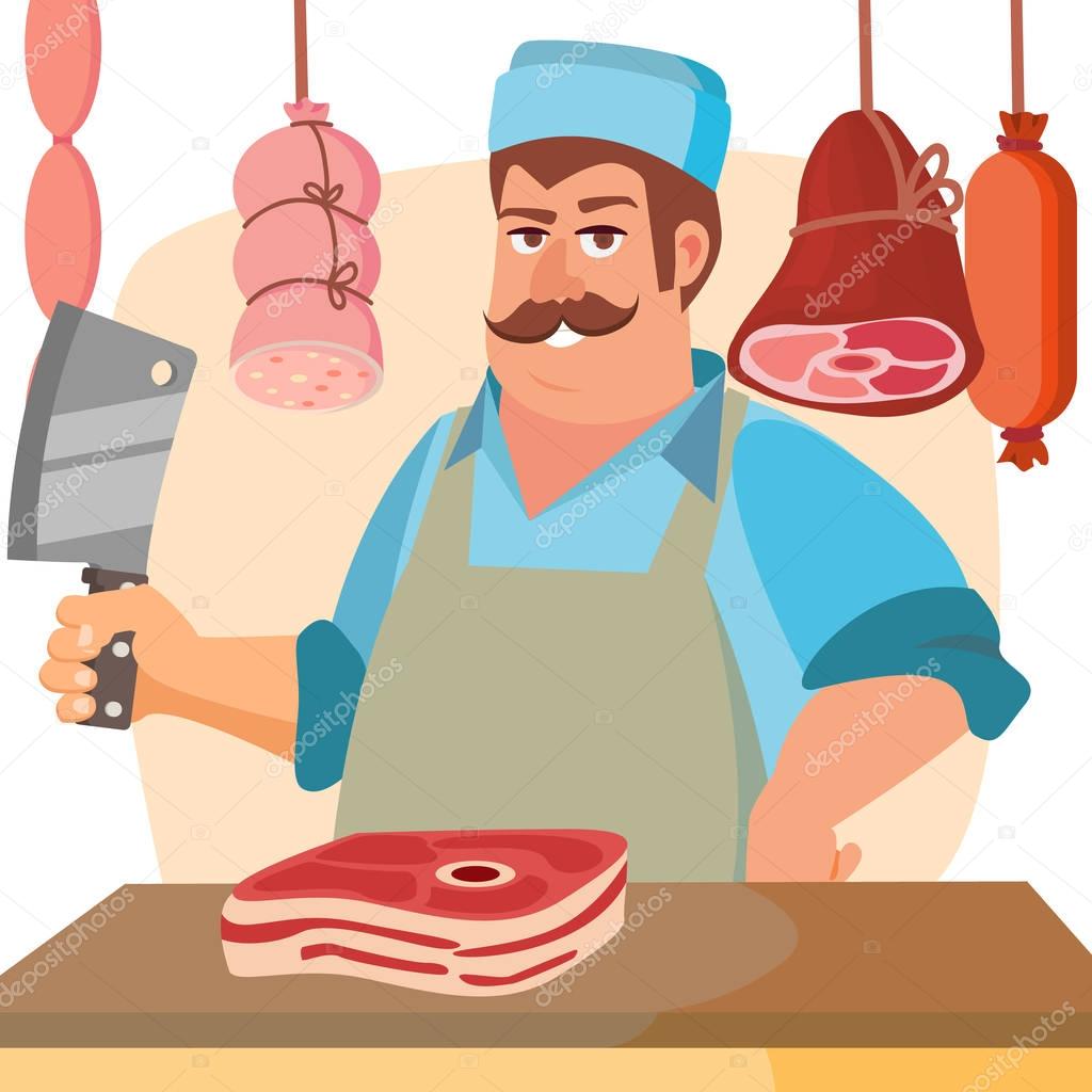 Butcher Character Vector. Classic Professional Butcher Man With Knife. For Steak, Meat Market, Storeroom Advertising Concept. Cartoon Isolated Illustration.