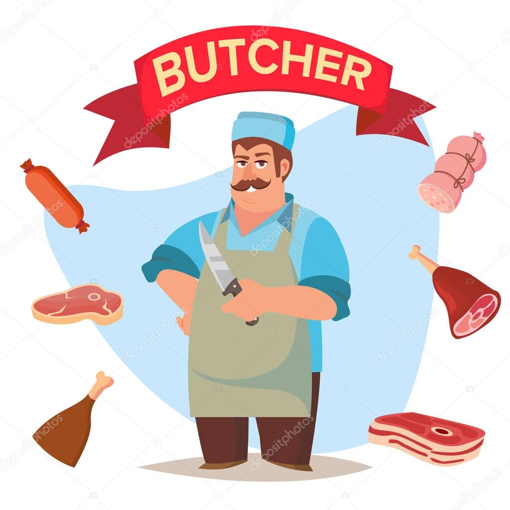 Professional Butcher Vector. Classic Butcher Man With Knife. Eco Farm Organic Market. For Storeroom Advertising. Cartoon Isolated Illustration.