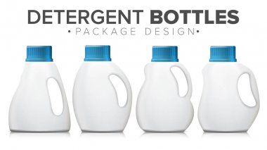 Deterjan şişesi Set vektör. Gerçekçi Mock Up. Ev kimyasallar için beyaz temiz plastik şişe. Ambalaj tasarımı illüstrasyon izole