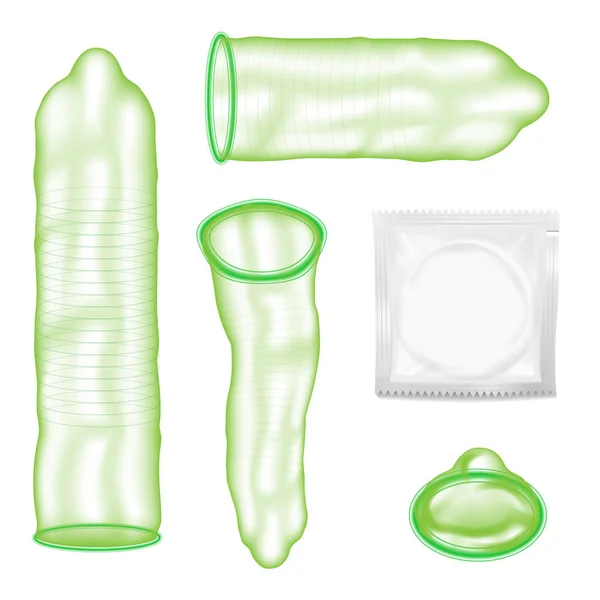 Realistische condooms Vector. Seksuele Protection Concept. Mannelijke contraceptieve voor veiligheid seks. Geïsoleerd op een witte achtergrond afbeelding — Stockvector