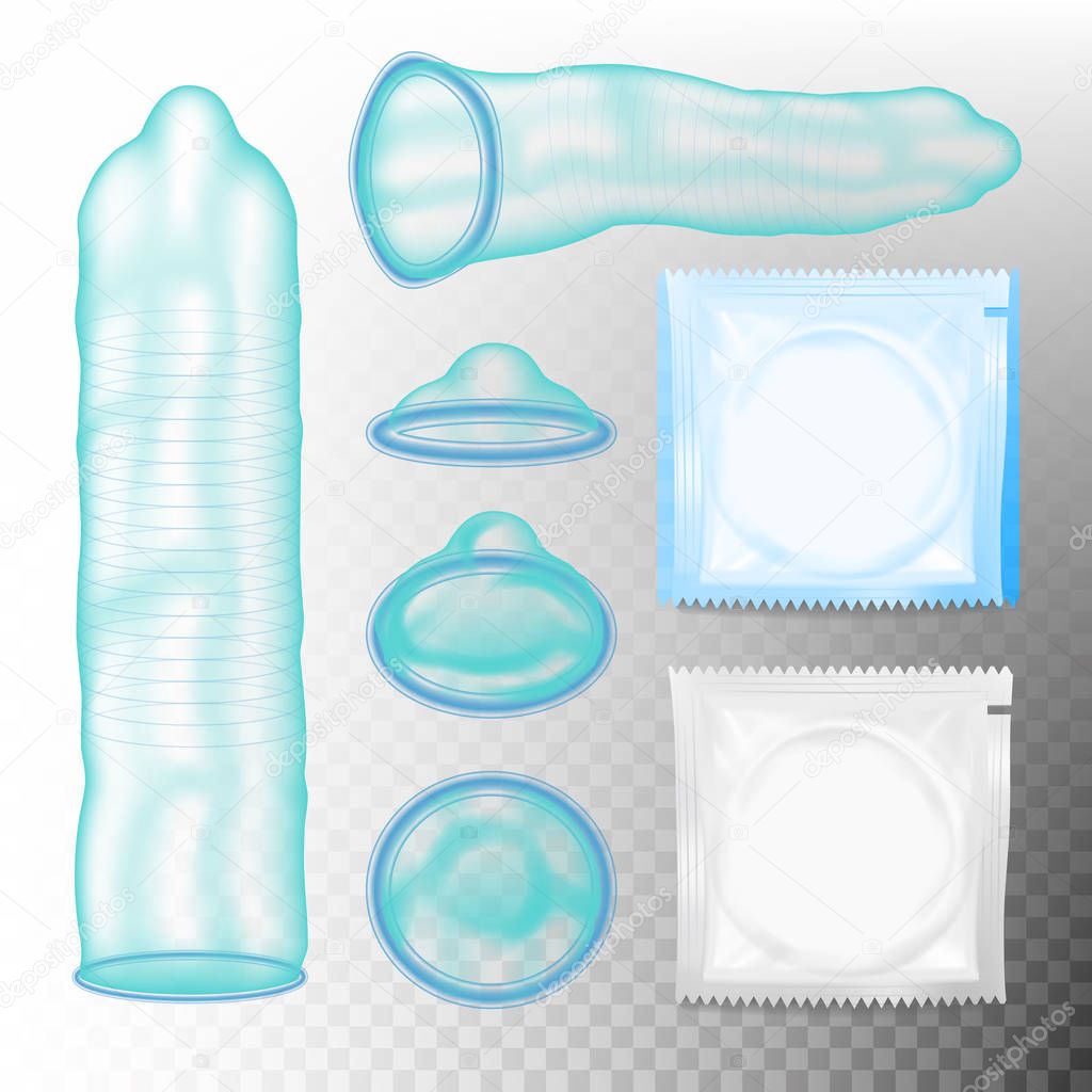 Realistic Condoms Vector. Aids Protection. Unpacked And Packed Condoms. Contraceptive And Sexual Protection Concept. Isolated On Transparent Background Illustration