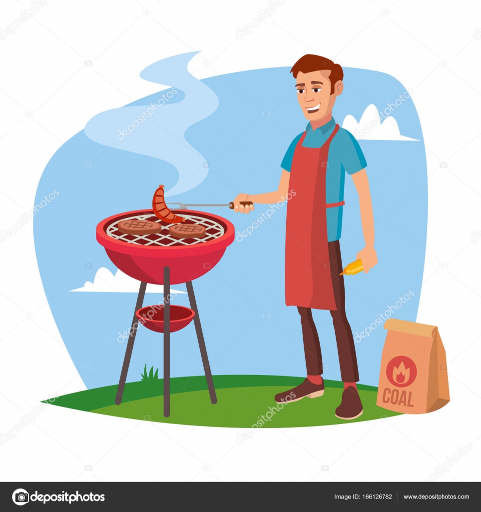 Vector de cocina barbacoa. Classic American Smiling Man Barbacoas.  Ilustración de personajes de dibujos animados blancos aislados Vector de  stock #166126782 de ©pikepicture, image size:963x1024
