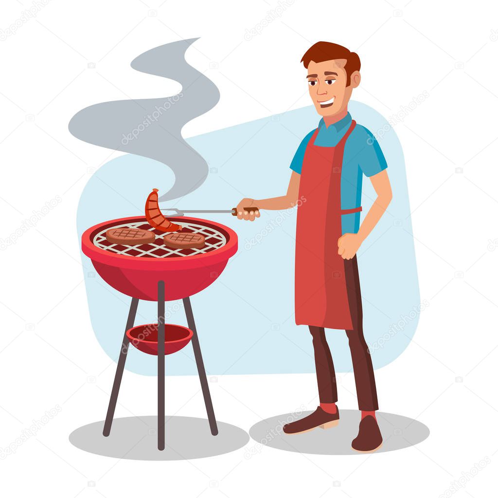 BBQ Cooking Vector. Man Cook Grill Meat On Bbq. Isolated Flat Cartoon Character Illustration