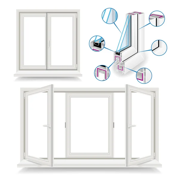 Vetor de janela de plástico. Modelo Infográfico. Perfil de moldura de janela plástica. Ilustração isolada — Vetor de Stock