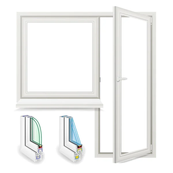 Realistisches Kunststofffenster mit Türvektor. Vereinzelte Illustration — Stockvektor
