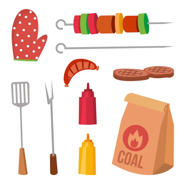 Accessoires barbecue Set Vector. Sauce, moutarde, fourche, charbon, gant, Steak, Kebab, saucisses. Illustration de dessin animé isolé — Image vectorielle