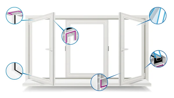 Plastfönster vektor. Profilen energibesparande fönster. Öppnade vitt fönster. Isolerad på vita Illustration — Stock vektor