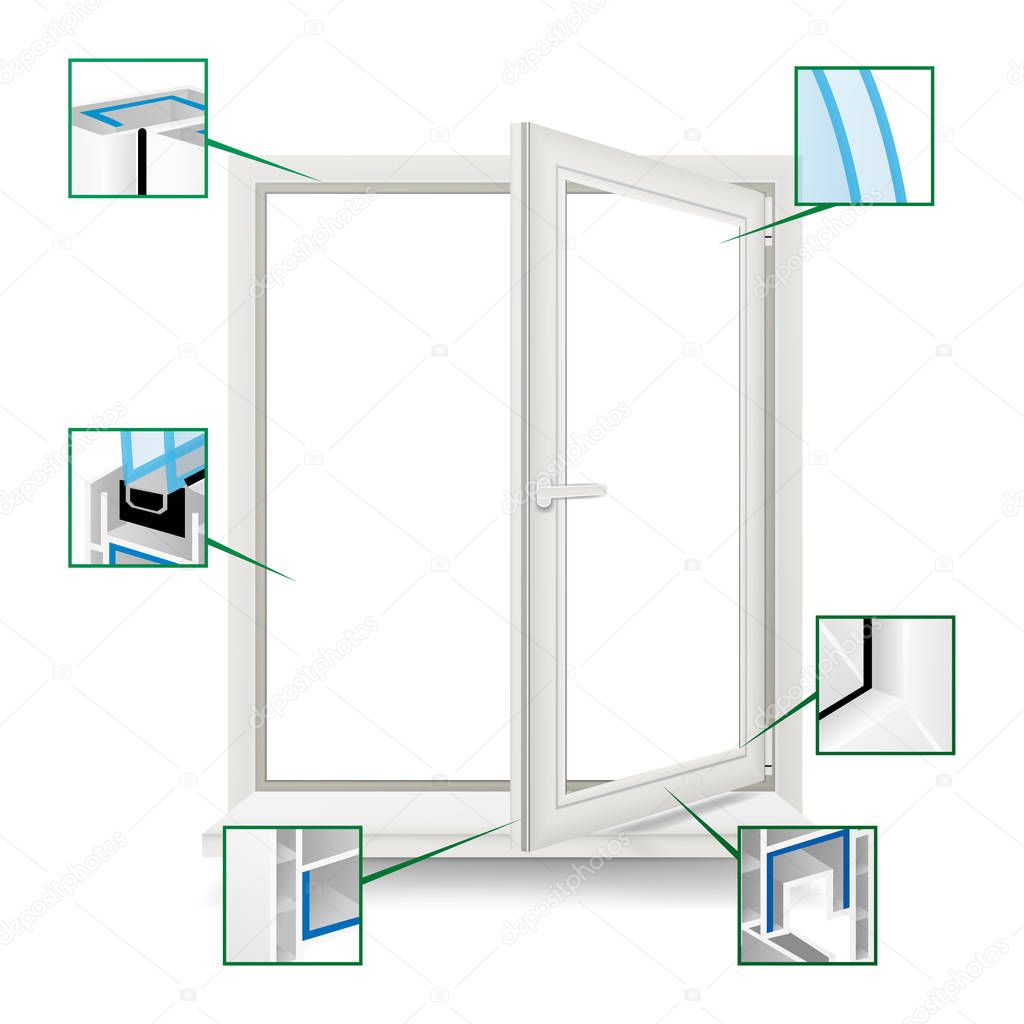 Classic Plastic Window Vector. Plastic White Window Frame Profile. Opened Realistic Window. Isolated Illustration