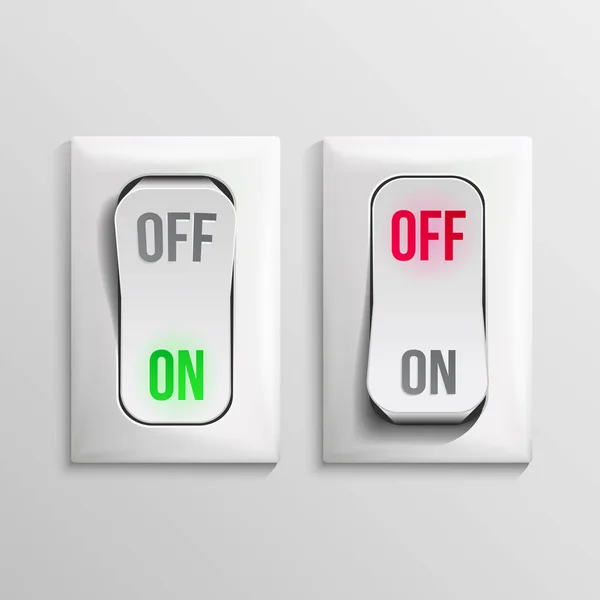 3D Toggle Switch Vector. White Switches With On, Off Position. Electric Light Control Illustration. — Stock Vector