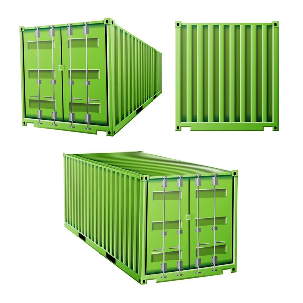 Grüner Frachtcontainer 3D-Vektor. Containerkonzept für den Güterverkehr. Logistik, Transport-Attrappe. isoliert auf weißem Hintergrund Illustration — Stockvektor