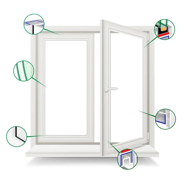 Vetor de janela de plástico. Estrutura de moldura de janela. Janela de vidro de plástico aberto. Isolado em fundo branco Ilustração — Vetor de Stock