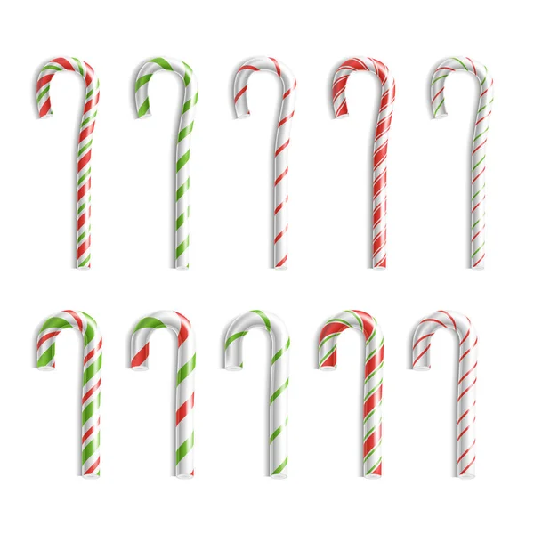 Xmas Candy Cane Vector. Set Isolated On White. Top View. Good For Christmas Card And New Year Design. Realistic Illustration — Stock Vector