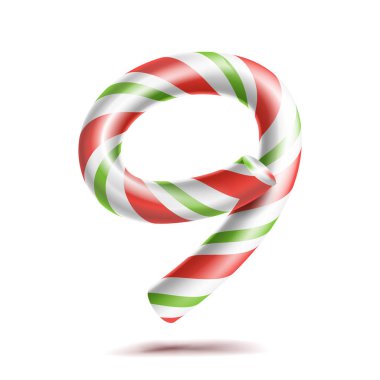 9, numara dokuz vektör. 3D sayı işareti. Noel renklerde Şekil 9. Kırmızı, beyaz, yeşil şeritli. Klasik Xmas nane sert şeker kamışı. Yeni yıl tasarım. Beyaz illüstrasyon izole