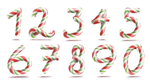 Numbers Sign Set Vector. 3D Numerals. Figures 1, 2, 3, 4, 5, 6, 7, 8, 9, 0. Christmas Colours. Red, Green Striped. Classic Xmas Mint Hard Candy Cane. New Year Design. Isolated On White Illustration — Stock Vector