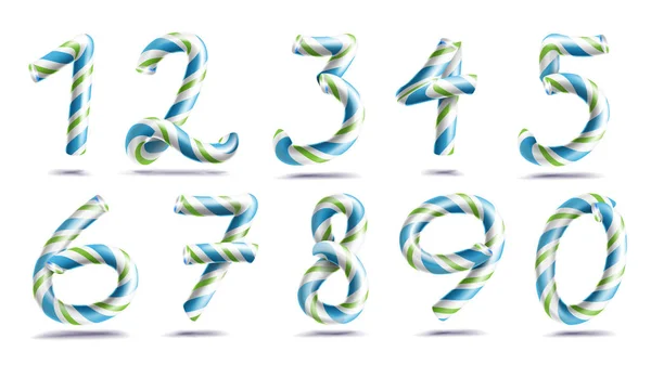 Numbers Sign Set Vector. 3D Numerals. Figures 1, 2, 3, 4, 5, 6, 7, 8, 9, 0. Christmas Colours. Blue, Green Striped. Classic Xmas Mint Hard Candy Cane. New Year Design. Isolated On White Illustration — Stock Vector