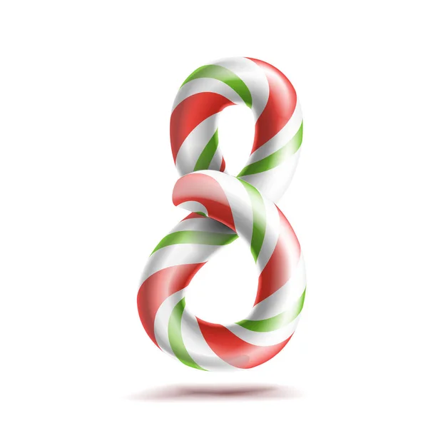 8, Número Ocho Vector. Signo de número 3D. Figura 8 En colores navideños. Rojo, blanco, rayas verdes. Clásico caña de caramelo duro de menta de Navidad. Diseño de Año Nuevo. Aislado en la ilustración blanca — Vector de stock