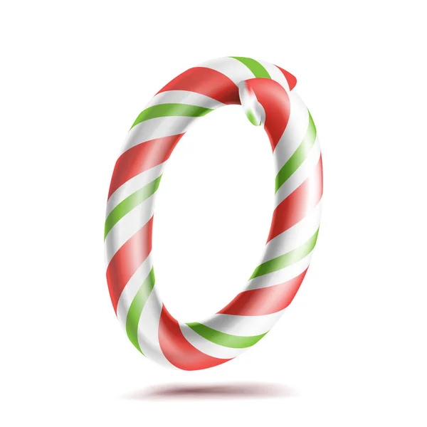 0, Nummer Null Vektor. 3D-Ziffernzeichen. Figur 0 in weihnachtlichen Farben. rot, weiß, grün gestreift. klassische Xmas Mint Hard Candy Stock. Neujahrsdesign. isoliert auf weißer Abbildung — Stockvektor