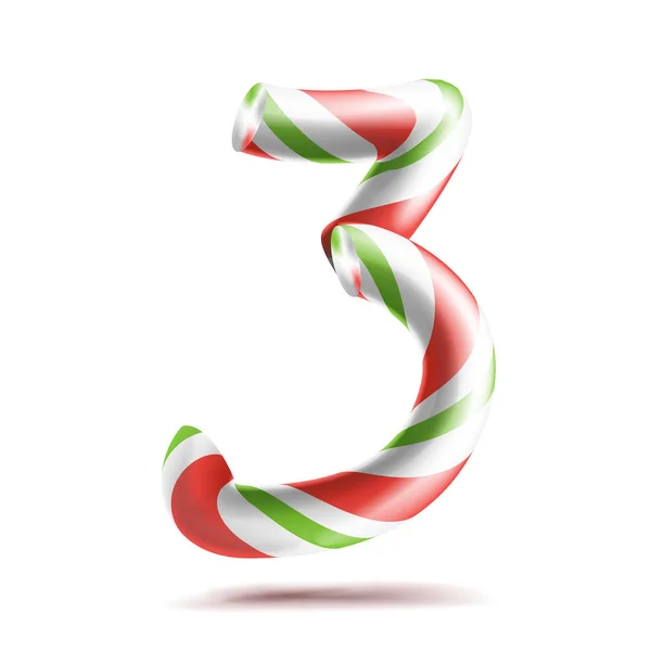 3, Nummer drei Vektor. 3D-Ziffernzeichen. Figur 3 in weihnachtlichen Farben. rot, weiß, grün gestreift. klassische Xmas Mint Hard Candy Stock. Neujahrsdesign. isoliert auf weißer Abbildung — Stockvektor