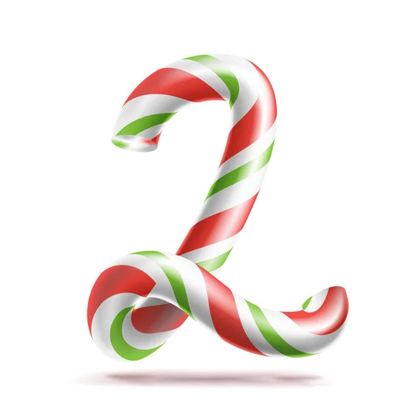 2, vetor número dois. Sinal de número 3D. Figura 2 Em cores de Natal. Vermelho, branco, listrado verde. Classic Xmas Mint Hard Candy Cane. Design de Ano Novo. Isolado na ilustração branca — Vetor de Stock