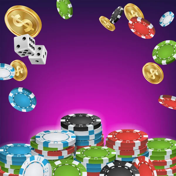 Casino Banner Vector. Online Poker Gambling Casino Banner Sign. Bright Chips, Dollar Coins. Jackpot Casino Billboard, Signage, Marketing Luxury Poster Illustration. — Stock Vector