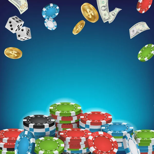 Online Casino Poster Vector. Poker Gambling Casino Sign. Bright Chips, Flying Dollar Coins, Banknotes Explosion. Winner Concept. Jackpot Billboard, Marketing Luxury Illustration. — Stock Vector