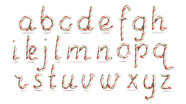 3d 现实糖果手杖字母表矢量。在圣诞节的颜色象征。贺年信纹理以红、 白色。排版模板。条纹的工艺隔离的对象。圣诞艺术插图 — 图库矢量图片