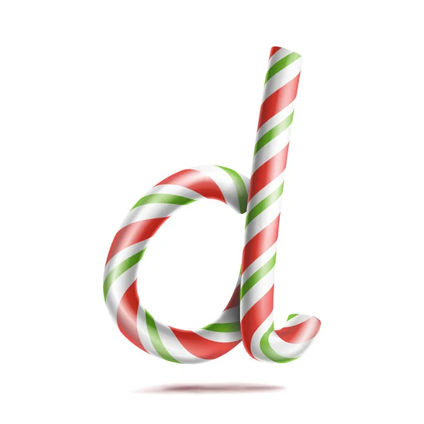 Вектор буквы D. Символ алфавита 3D Realistic Candy Cane в рождественских цветах. Новогодняя буква в красном, белом цвете. Шаблон типографии. Полосатый ремесленный изолированный объект. Рождественское искусство — стоковый вектор