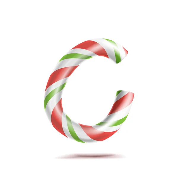 Вектор буквы С. Символ алфавита 3D Realistic Candy Cane в рождественских цветах. Новогодняя буква в красном, белом цвете. Шаблон типографии. Полосатый ремесленный изолированный объект. Рождественское искусство — стоковый вектор