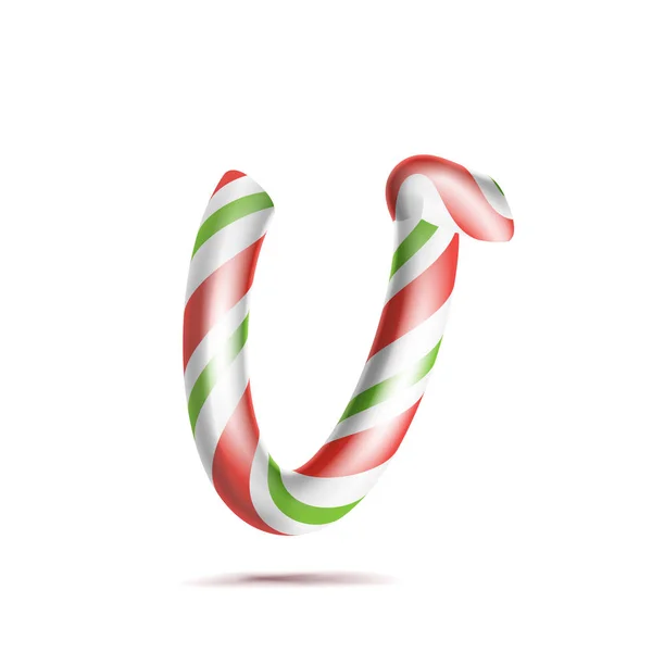 Вектор буквы V. Символ алфавита 3D Realistic Candy Cane в рождественских цветах. Новогодняя буква в красном, белом цвете. Шаблон типографии. Полосатый ремесленный изолированный объект. Рождественское искусство — стоковый вектор