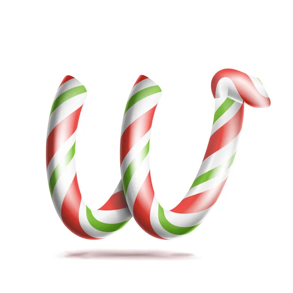 Вектор буквы W. Символ алфавита 3D Realistic Candy Cane в рождественских цветах. Новогодняя буква в красном, белом цвете. Шаблон типографии. Полосатый ремесленный изолированный объект. Рождественское искусство — стоковый вектор