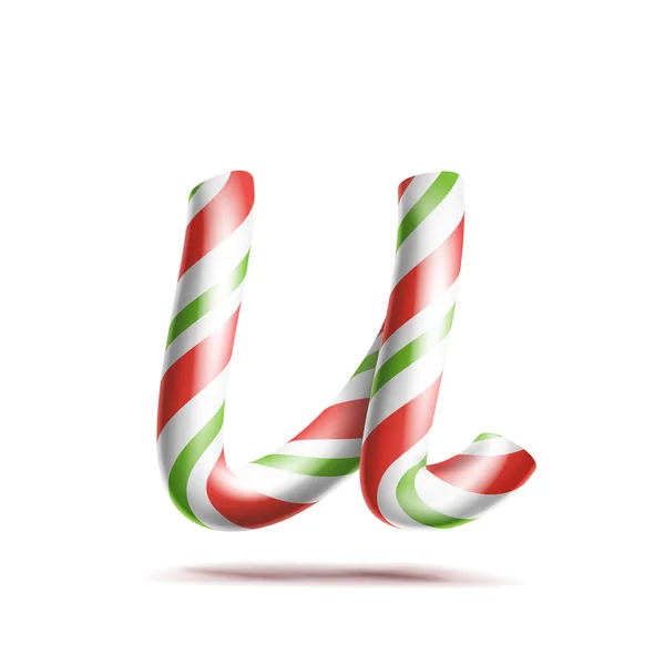 Letter U Vector. 3D Realistic Candy Cane Alphabet Symbol In Christmas Colours. New Year Letter Textured With Red, White. Typography Template. Striped Craft Isolated Object. Xmas Art Illustration — Stock Vector