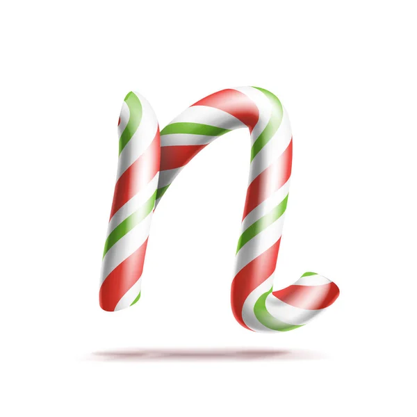 字母 N 向量。在圣诞节的颜色的 3d 现实糖果手杖字母符号。贺年信纹理以红、 白色。排版模板。条纹的工艺隔离的对象。圣诞艺术插图 — 图库矢量图片