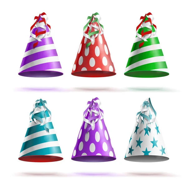 Party Hat Set Vector. Realistic Festive, Birthday Caps. Accessory Holiday Isolated Illustration. — Stock Vector