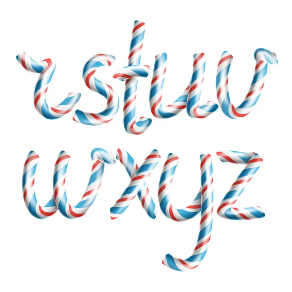 Letras R, S, T, U, V, W, X, Y, Z. Vector. Símbolo de alfabeto de bastón de caramelo realista 3D en color navideño Carta de año nuevo texturizada con rojo, azul. Tipografía Artesanía Objeto aislado. Ilustración de arte de Navidad — Vector de stock