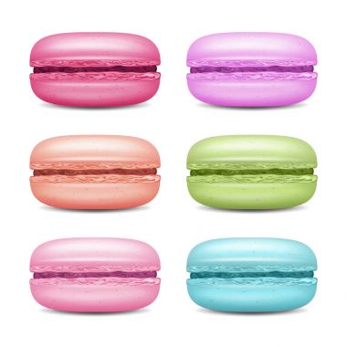 Macarons Set vektör. Gerçekçi lezzetli renkli Fransızca Macaroons. İzole illüstrasyon.