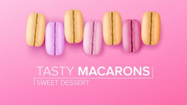 Macarons Set vektör. Üstten Görünüm. Pembe arka plan illüstrasyon üzerinde renkli tatlı Fransızca Macaroons.