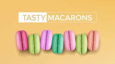 Gerçekçi Macarons vektör. Üstten Görünüm. Sarı arka plan illüstrasyon üzerinde tatlı Fransızca Macaroons.