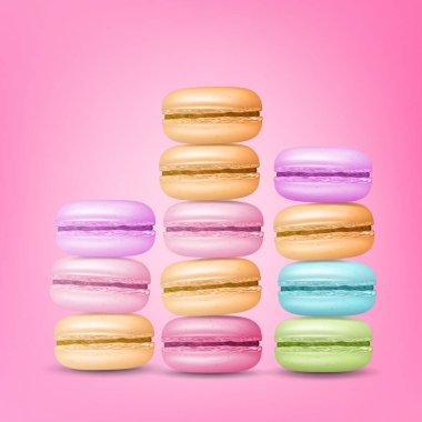 Macarons Set vektör. Pembe arka plan illüstrasyon üzerinde renkli tatlı Fransızca Macaroons.
