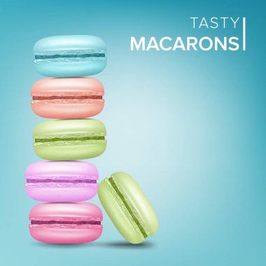 Renkli Macarons vektör. Lezzetli tatlı Fransızca Macaroons üzerinde mavi arka plan illüstrasyon.