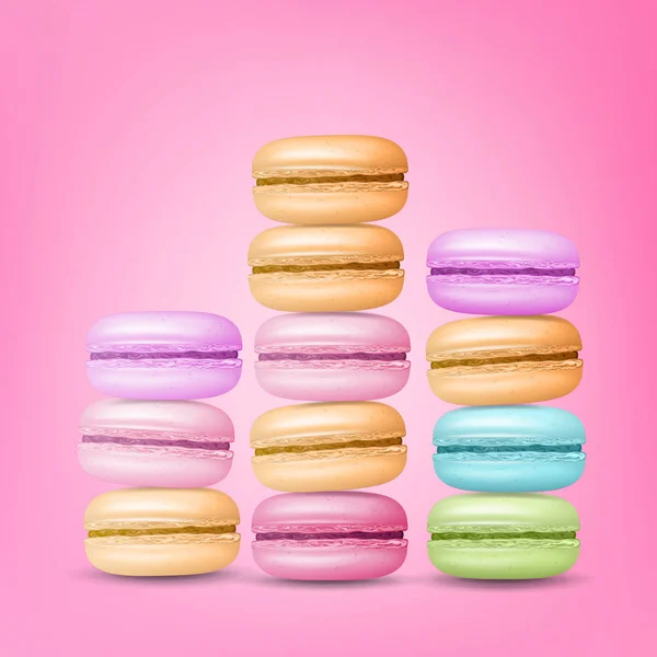 Macarons Set Vector. Macaroons franceses doces coloridos na ilustração de fundo rosa . — Vetor de Stock