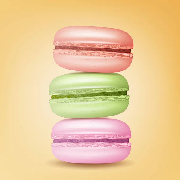 Vector realista de los Macarons. Macarrones franceses dulces sobre fondo amarillo Ilustración . — Vector de stock