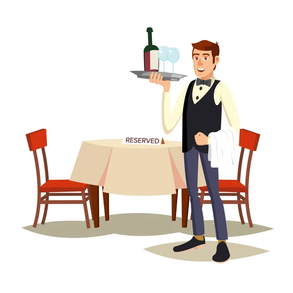 Pincér Cafe vektor. Szakmai pincér. Vacsora időpontja. Élelmiszer, ital koncepció. Elszigetelt fehér karikatúra karakter illusztráció — Stock Vector