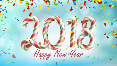 Mutlu yeni yıl 2018 arka plan vektör. Poster veya tebrik kartı tasarım şablonu 2018. Düşen konfeti patlama. Dekorasyon 2018 yıl tarih. İllüstrasyon kutlamak